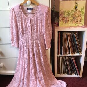 90’s Vintage Pink Lace Duster Dress Blush Ballet Betsey Johnson Coquette Midi M